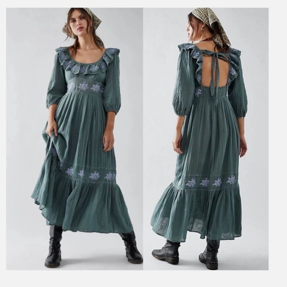 NWT Free People Lovers Lane Maxi Dress Green Blue Embroidered Ruffle Medium